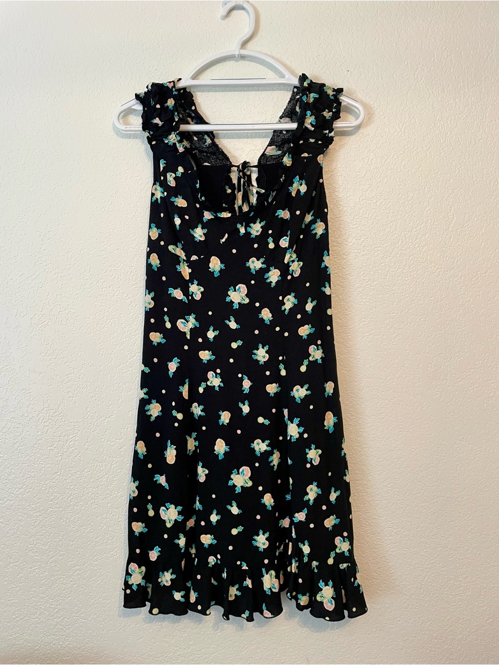 Free People Black Backless Mini Dress with Mint & Cream Floral Print